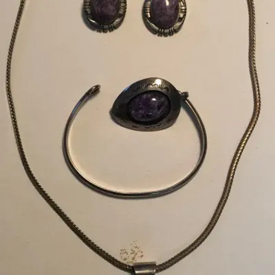 Vintage Sterling Silver Purple Stone Jewelry Set – Pendant Necklace, Bracelet & Earrings – Southwest