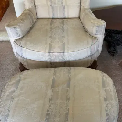 Traditional Upholstered Wingback Chair with Matching Ottoman – Carved Wood Legs