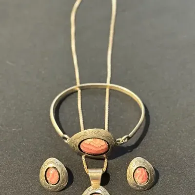 Vintage Sterling Silver Rhodochrosite Jewelry Set – Bracelet, Pendant Necklace & Earrings – Southwes