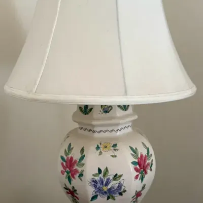 Vintage Hand-Painted Floral Porcelain Table Lamp with Butterfly Accents