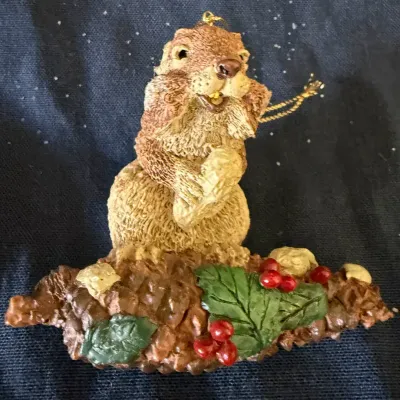 Resin Groundhog on Log Christmas Ornament with Holly Berries