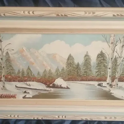 Vintage Signed “Rec” Winter Mountain Landscape Oil Painting – Ornate Wood Frame