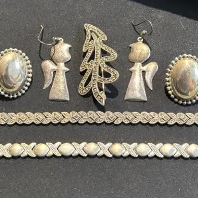 Sterling Silver 925 Jewelry Lot – 2 Bracelets, Oval Earrings, Angel Earrings & Filigree Brooch