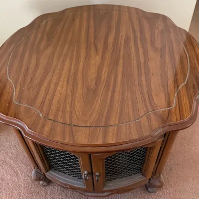 Vintage French Provincial Walnut End Table Cabinet with Mesh Doors