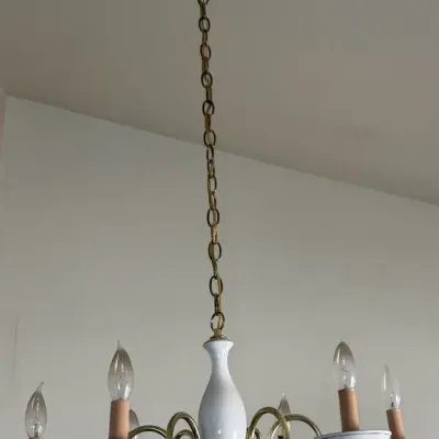 Vintage 8-Light Brass & White Porcelain Chandelier