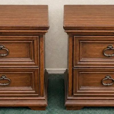 Pair of Vintage Two-Drawer Wood Nightstands with Ring-Pull Hardware