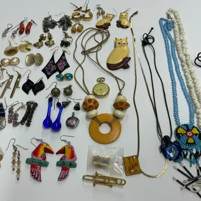 Costume Jewelry Lot With Necklaces, Pins, And Lots Of Earrings 