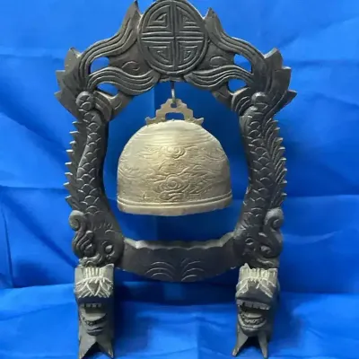 Vintage Chinese Brass Table Gong On A Hand carved Wooden Stand 