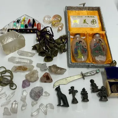 Assorted Lot Of Gems, Stones, Glass, Brass, Metal Coins