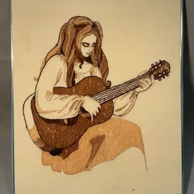 Vintage Crewel Piece Woman Playing Guitar 23.5"h x 18.25"w