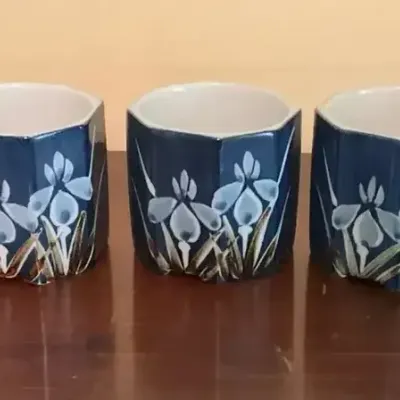 Vintage Octagonal Ceramic Tea Cups Or Small Planters Featuring A Blue Iris