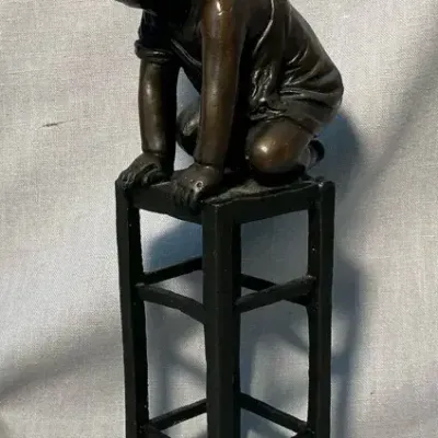 Bronze Child on Stool Statue 9.75"h Signed Rou
