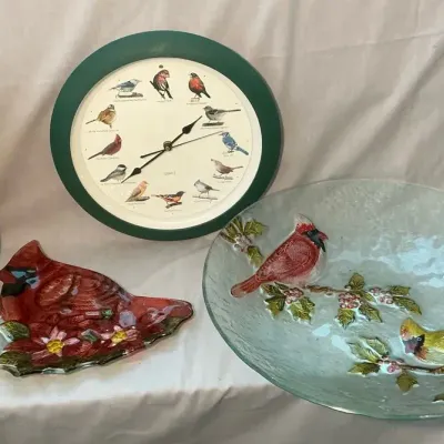 Bird Call Clock, Cardinal Glass Bowl & Plate, Cardinal Bucket