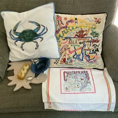 Catstudio Embroidered Maryland Pillow & Chesapeake Bay Towel, & Other Crab Decor