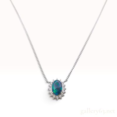 Sale Photo Thumbnail #206: Platinum Black Opal and Diamond Halo Pendant Necklace