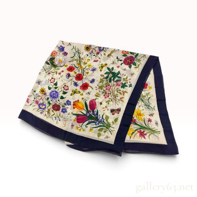 Sale Photo Thumbnail #237: Gucci Flora Print Silk Scarf with Navy Border