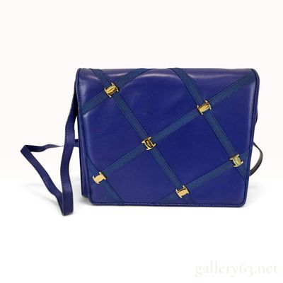 Sale Photo Thumbnail #188: Salvatore Ferragamo Vintage Navy Blue Leather Grosgrain Lattice Shoulder Bag