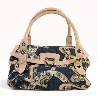 Sale Photo Thumbnail #47: Salvatore Ferragamo Gancini Floral Print Denim and Leather Satchel