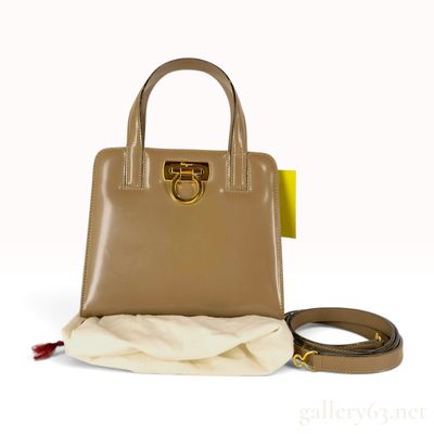 Sale Photo Thumbnail #297: Salvatore Ferragamo Gancini Top Handle Bag in Taupe Patent Leather
