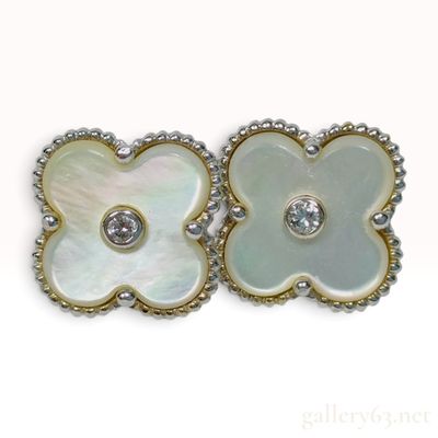 Sale Photo Thumbnail #8: 18KWG Mother of Pearl and Natural Diamond Quatrefoil Stud Earrings