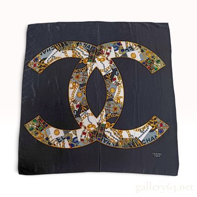 Sale Photo Thumbnail #251: Chanel Vintage Navy Blue Silk Scarf with Interlocking CC Jewelry Motif