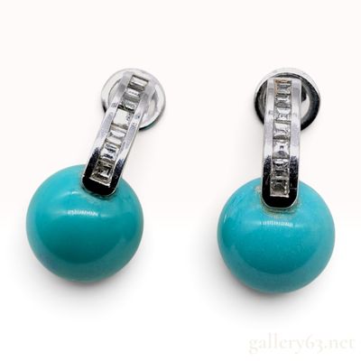 Sale Photo Thumbnail #116: Vintage Pt900 Platinum 10mm Turquoise and Natural Diamond Baguette Drop Earrings