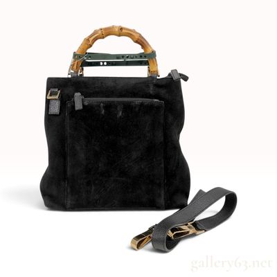 Sale Photo Thumbnail #152: Gucci Black Suede and Pebbled Leather Bamboo 2-Way Tote Bag