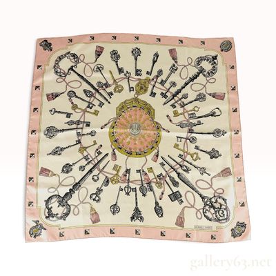 Sale Photo Thumbnail #106: Hermes Les Clefs Silk Scarf in Pink and Cream by Caty Latham