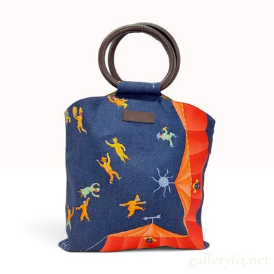 Sale Photo Thumbnail #92: Bvlgari Limited Edition Circus Motif Textile Handbag with Leather Ring Handles