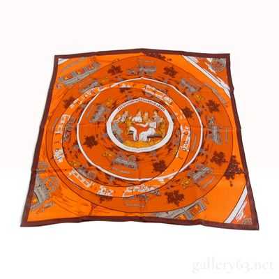 Sale Photo Thumbnail #194: Vintage Hermes Jeu des Omnibus et Dames Blanches Orange Silk Scarf 70 cm