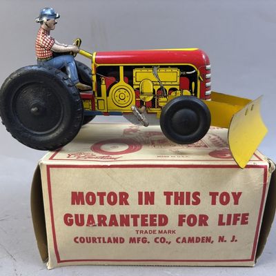 Sale Photo Thumbnail #92: Courtland Mfg Tin Litho Mechanical Tractor w/ Box