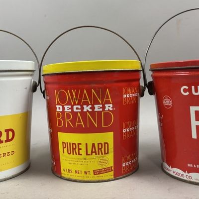 Sale Photo Thumbnail #379: Lot of 3 Lard 4lb Buckets w/ Handles Oscar Mayer, Iowans Decker, Cudahy Rex Brands