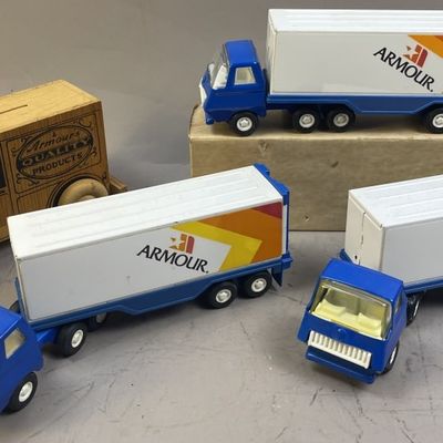 Sale Photo Thumbnail #136: 4 Armour Brand Metal & Wood Toy Trucks Bank