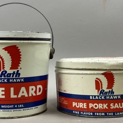 Sale Photo Thumbnail #393: Pair Rath Black Hawk 4 & 5lb Tins Lard & Sausage