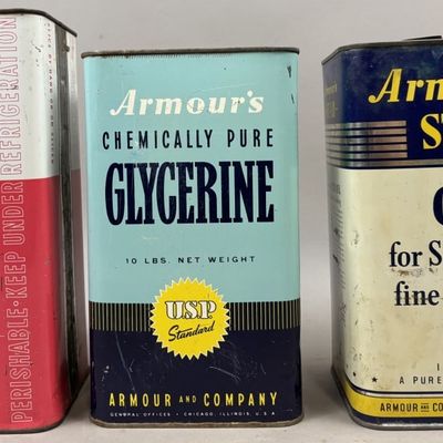 Sale Photo Thumbnail #406: Lot of 3 Armour's 8 & 10lb & 1 Gallon Tins