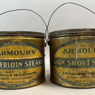 Sale Photo Thumbnail #230: Pair Armour's 10lb Tenderloin Steaks Tin Buckets