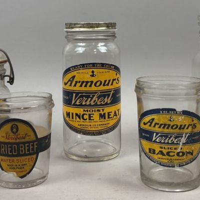 Sale Photo Thumbnail #330: 7 Armour Veribest Glass Jars Bacon Mince Meat