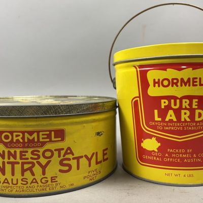 Sale Photo Thumbnail #263: Pair Hormel 4 & 5lb Sausage & Lard Tins
