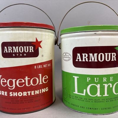 Sale Photo Thumbnail #215: Pair Armour Star 8 lb Shortening & Lard Tin