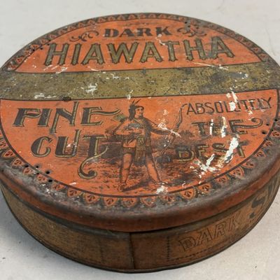 Sale Photo Thumbnail #223: Hiawatha Tobacco Tin Mfg Spaulding & Merrick