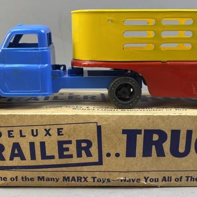 Sale Photo Thumbnail #91: Marx Pressed Steel Stake Trailer Truck w/ Box NOS