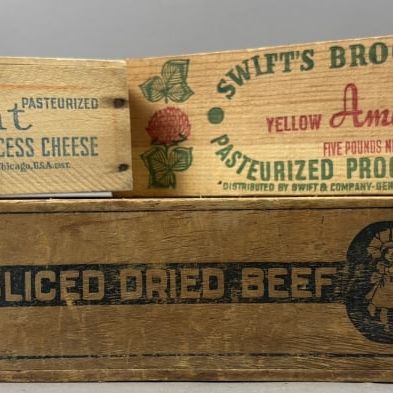 Sale Photo Thumbnail #313: Lot 3 Antique Cheese & Dried Beef Wooden Crates