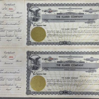 Sale Photo Thumbnail #329: Pair The Klater Company Share Certificates