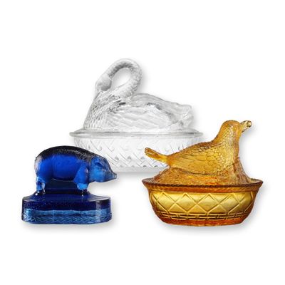 Sale Photo Thumbnail #8: 3 EAPG Figural Glasses Robin & Swan on Nest + Bellaire Pig Paperweight