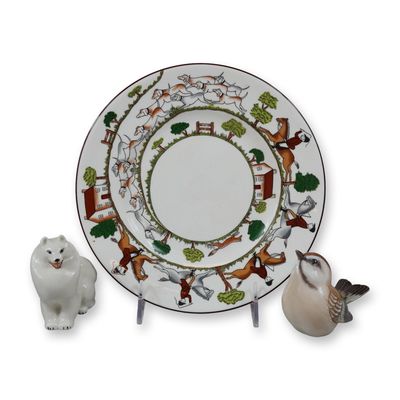 Sale Photo Thumbnail #416: Three Porcelain Items Including a Wedgwood Plate, a Lomonosov Dog Figurine, and a Dahl Jensen Bird