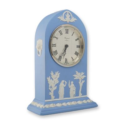 Sale Photo Thumbnail #10: Wedgwood Blue Jasperware Lancet Mantel Clock with Baronet of London Movement