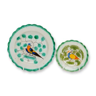 Sale Photo Thumbnail #289: 2pc English Staffordshire Pearlware Hand-Painted Peafowl Saucers