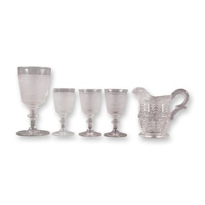 Sale Photo Thumbnail #375: A Collection of 5 EAPG Pressed Glass Cups and Pitcher