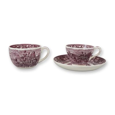Sale Photo Thumbnail #92: A Trio of Wedgwood Ferrara Mulberry Earthenware Cups and Saucer