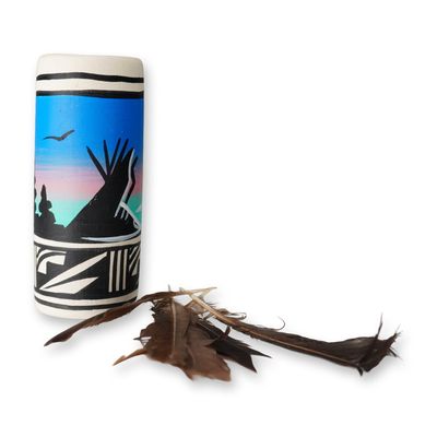 Sale Photo Thumbnail #425: Native American Hand-Painted Feathered Pottery Vase